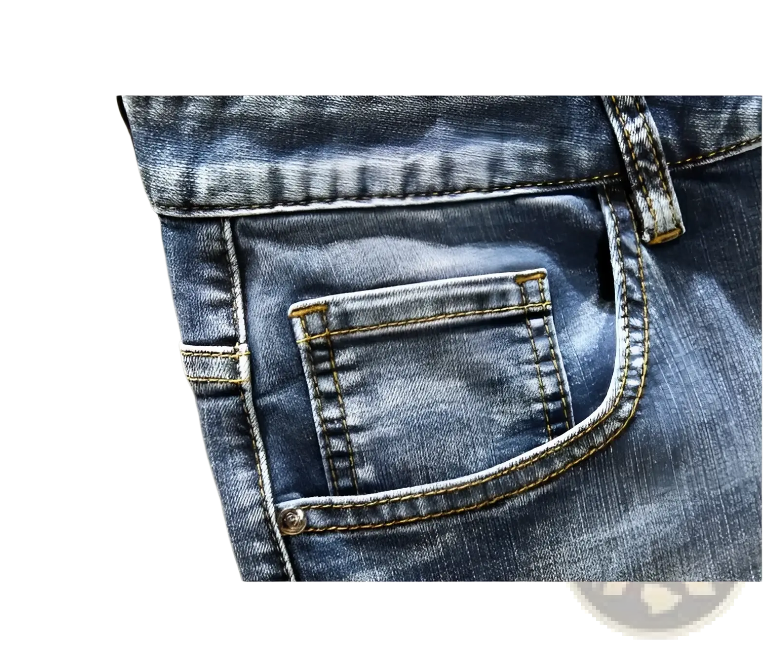 Men’s printed stretch slim blue denim jeans featuring a classic front pocket with contrasting stitching and metallic button