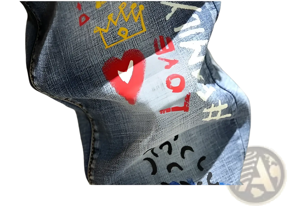 Men’s blue denim printed stretch slim jeans featuring colorful graffiti graphics with a red heart yellow crown and love lettering
