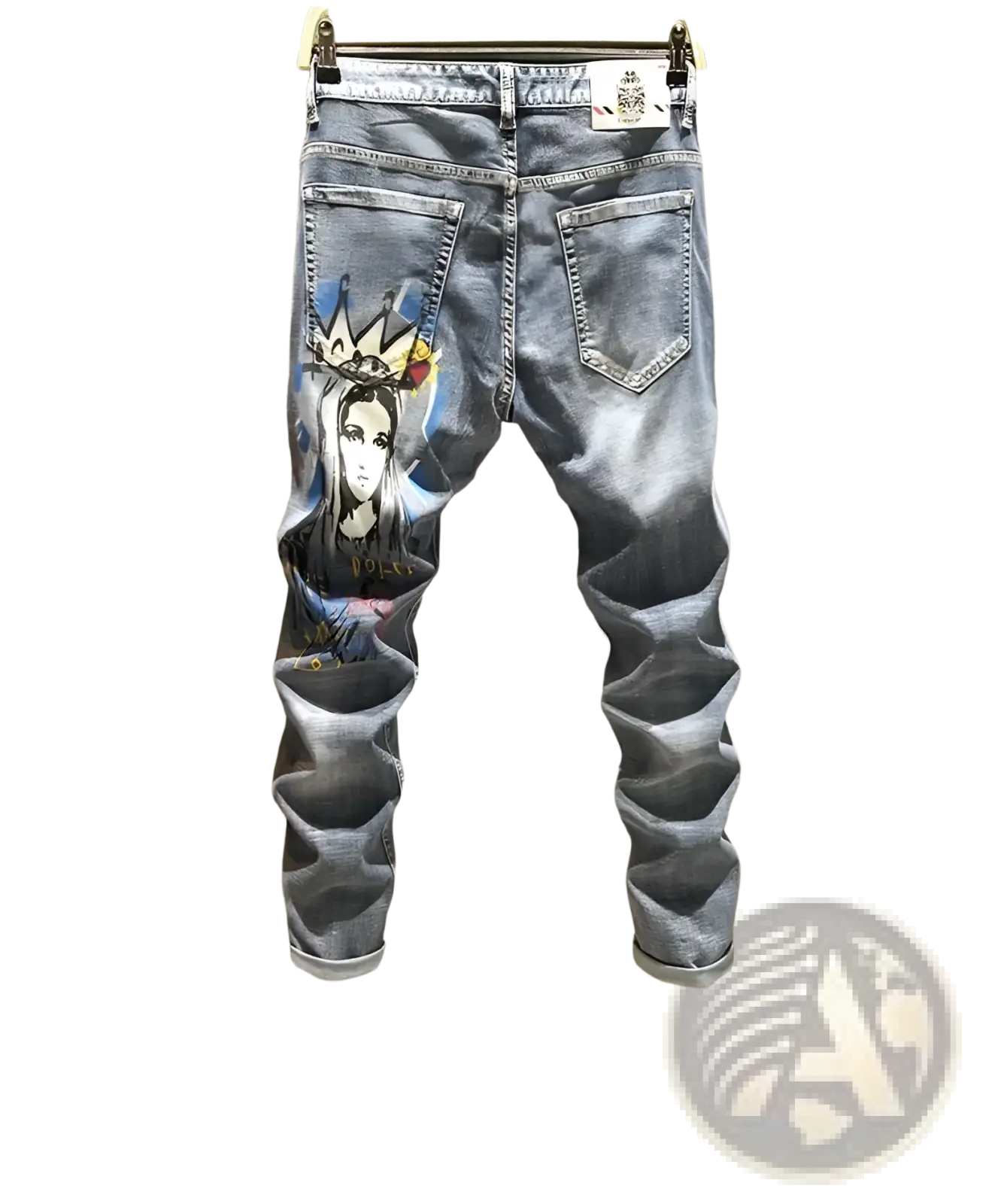 Men’s blue denim printed stretch slim jeans featuring a detailed graphic of a crowned figure on the left thigh