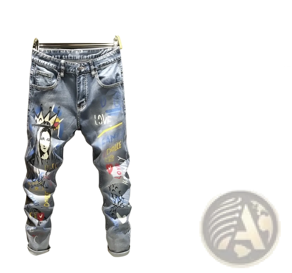 Men’s blue denim printed stretch slim jeans featuring a graffiti-style graphic of a crowned woman and love text