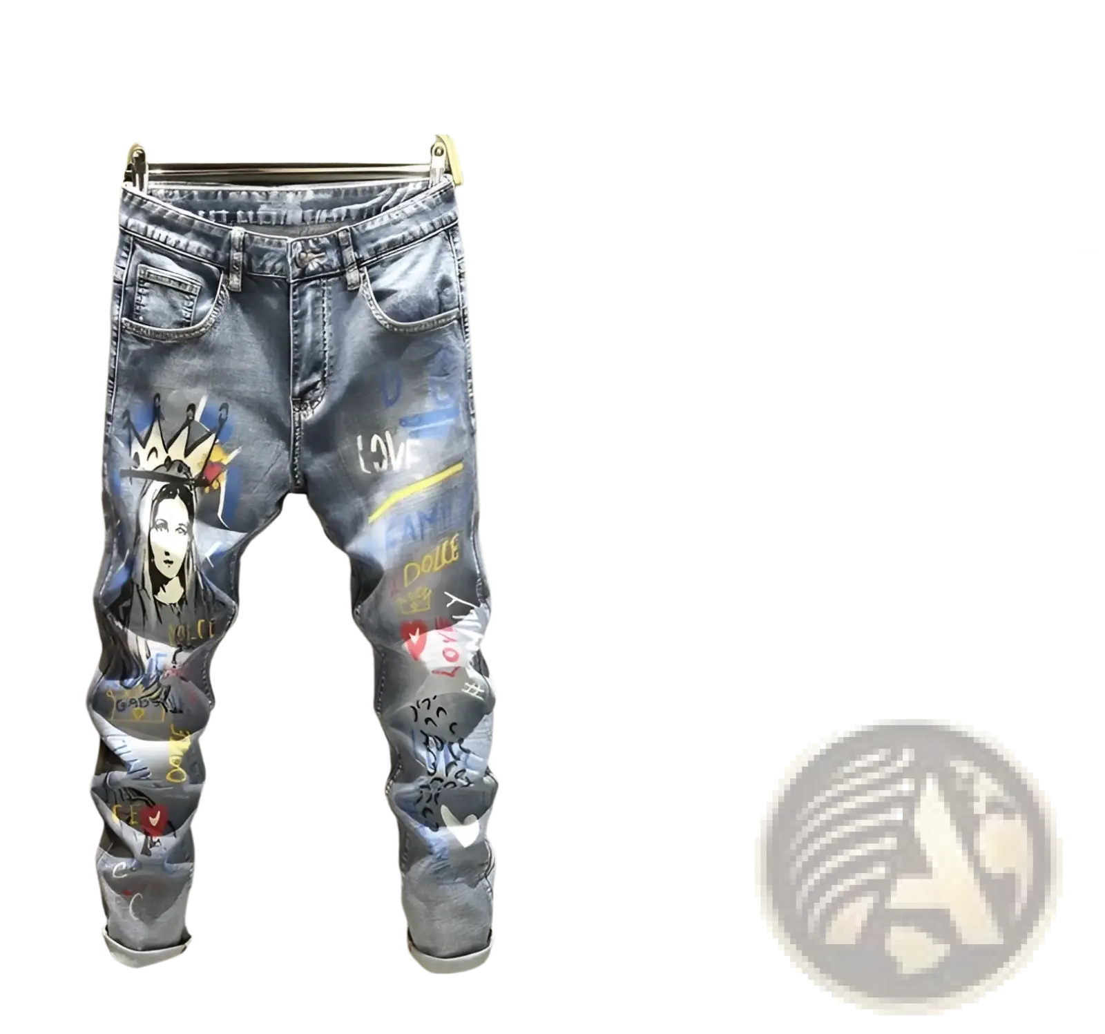 Men’s blue denim printed stretch slim jeans featuring a graffiti-style graphic of a crowned woman and love text