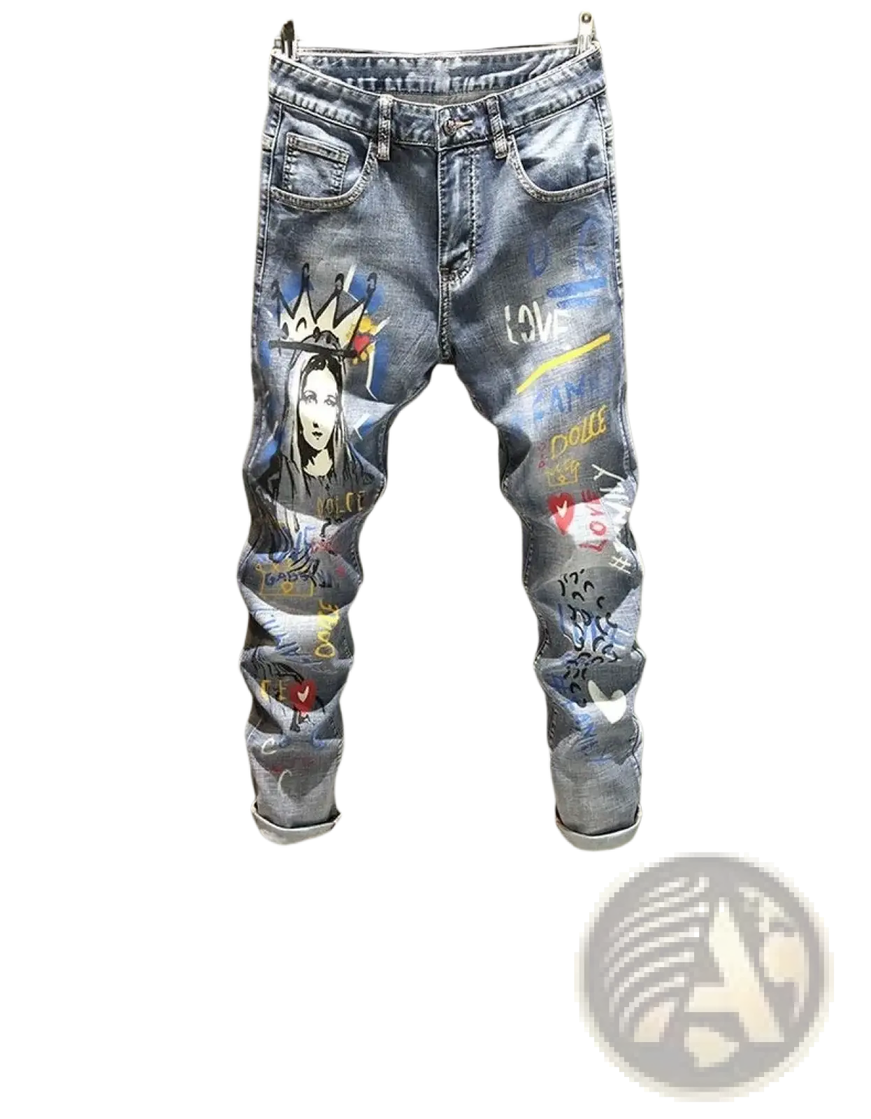 Men’s blue denim printed stretch slim jeans featuring a graphic print of a crowned woman with colorful graffiti designs
