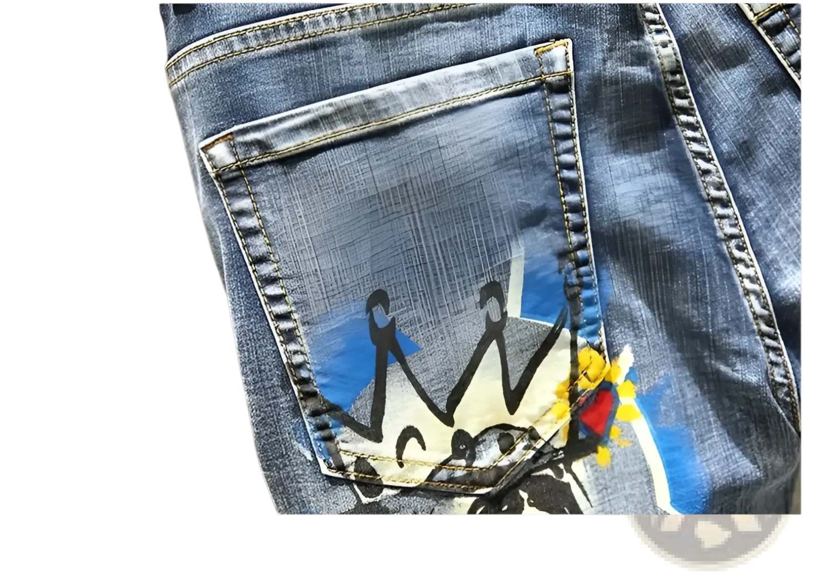 Back side of men’s printed stretch slim blue denim jeans with vibrant graffiti-style crown graphic on the pocket