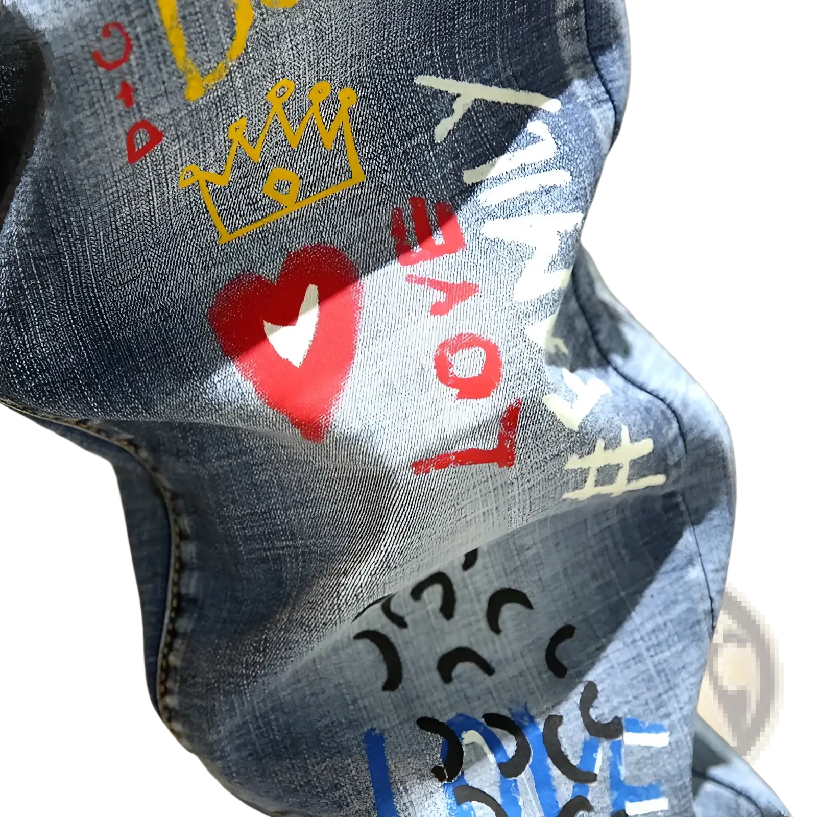 Men’s blue denim printed stretch slim jeans with vibrant graffiti graphics including a red heart and yellow crown