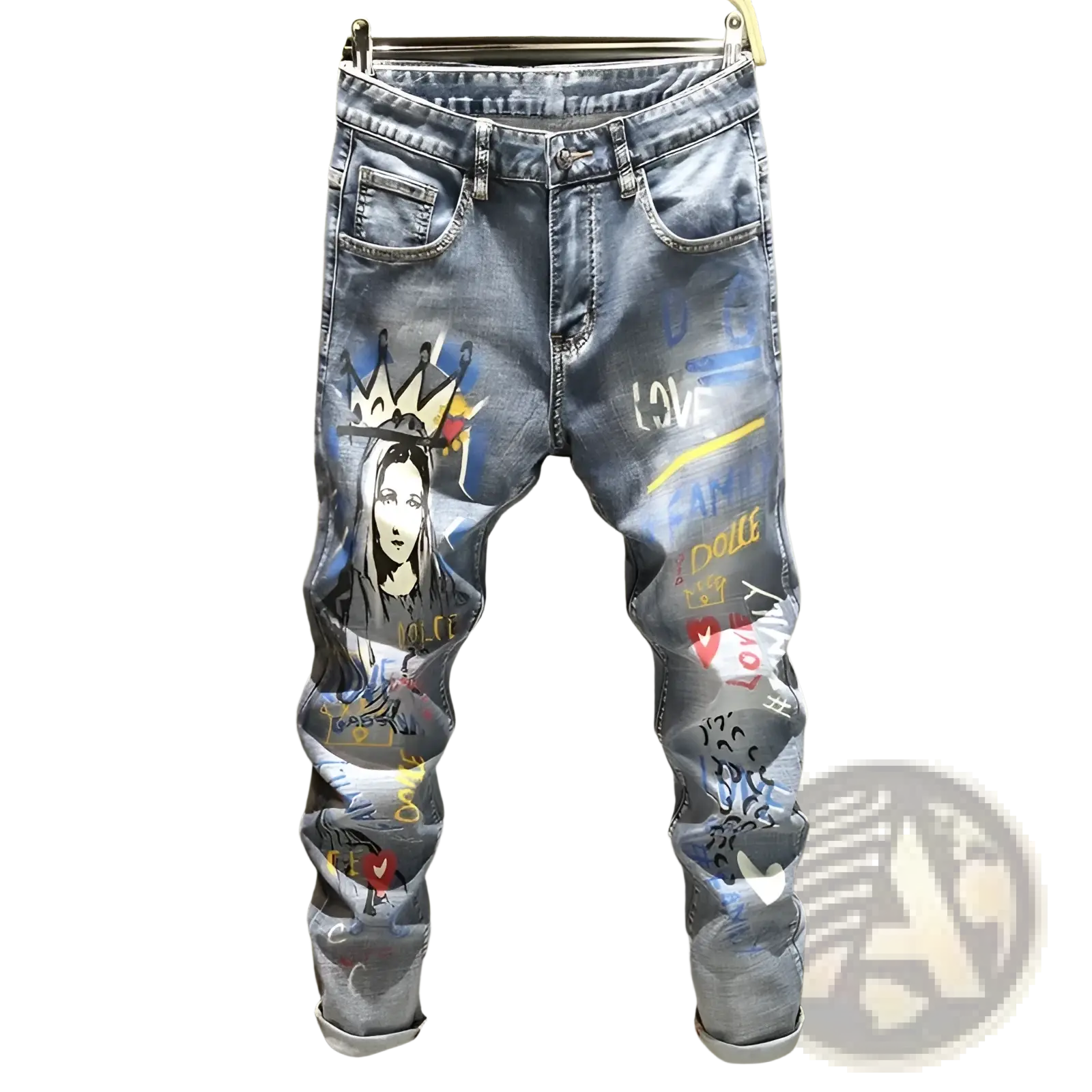 Men’s blue denim printed stretch slim jeans featuring a vibrant Statue of Liberty graffiti graphic with hearts and text