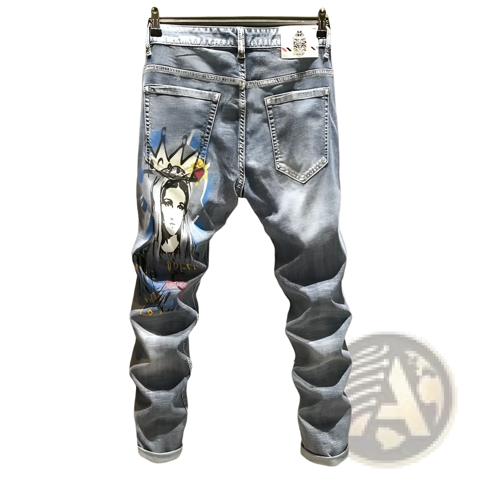 Back side of men’s printed stretch slim blue denim jeans with a vibrant crowned figure graphic on the pocket