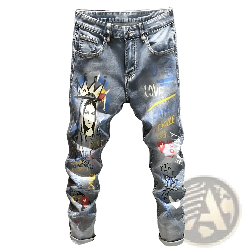 Distressed blue denim men’s printed stretch slim jeans with vibrant graffiti artwork of a crowned figure and text