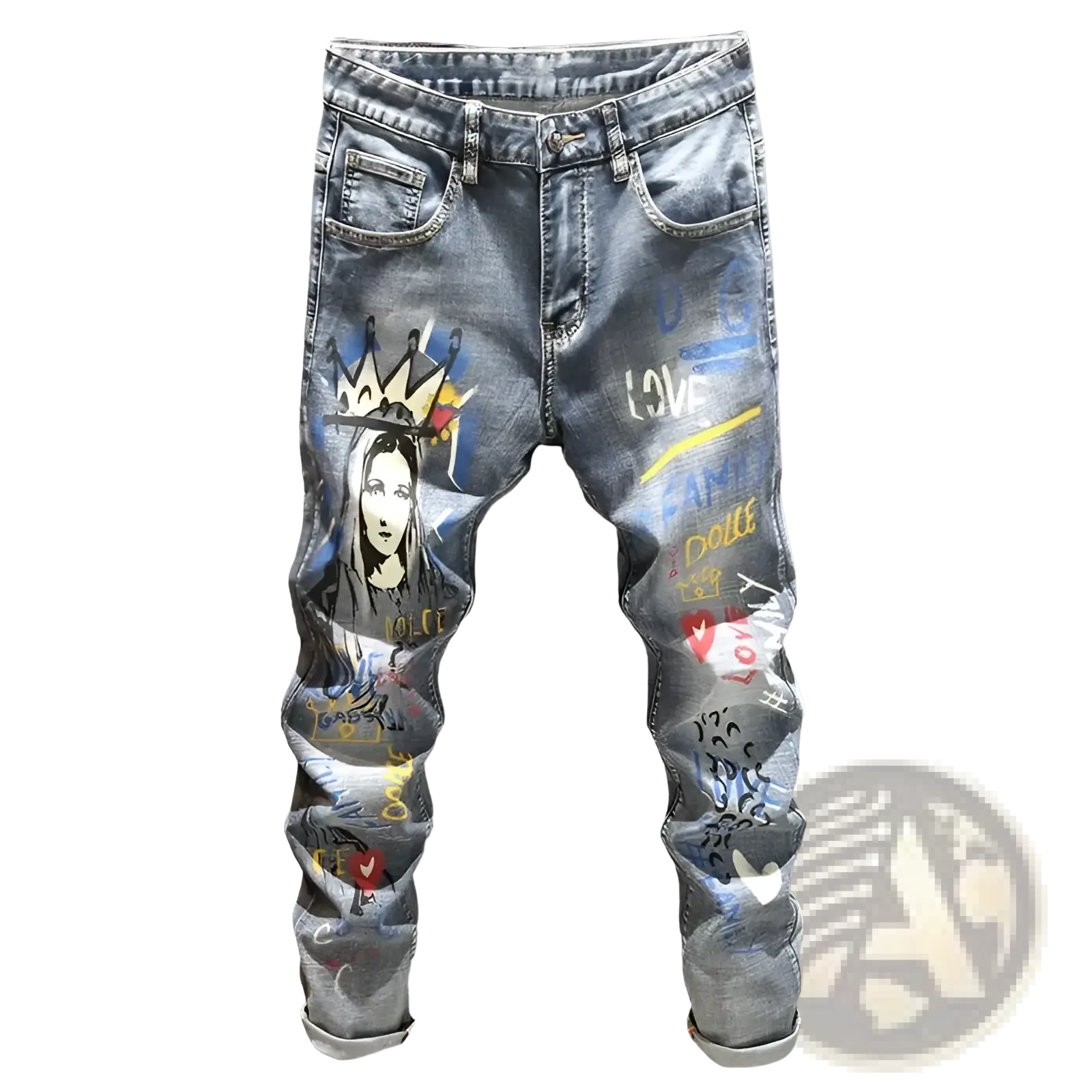Distressed blue denim men’s printed stretch slim jeans with vibrant graffiti artwork of a crowned figure and text