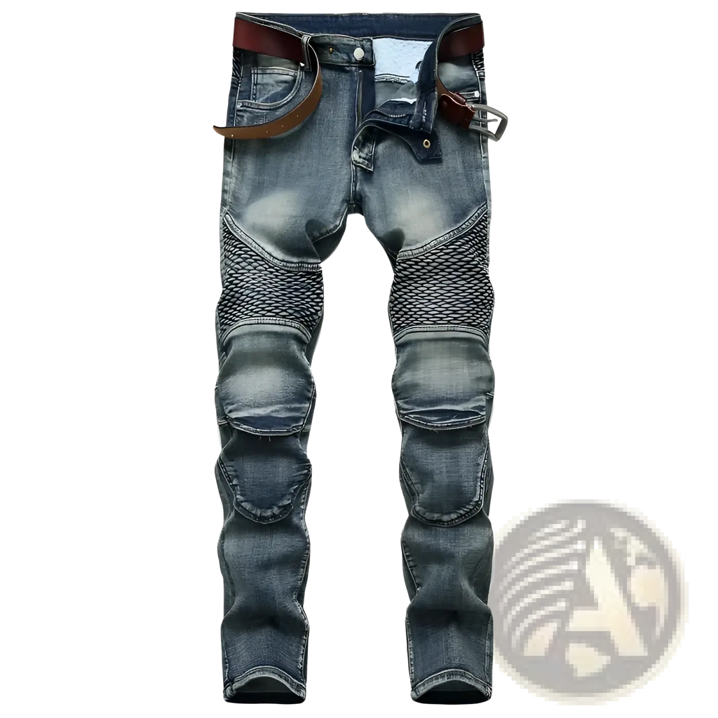 Men’s protective motorcycle denim jeans in blue with black mesh and reinforced knee patches paired with brown leather belt