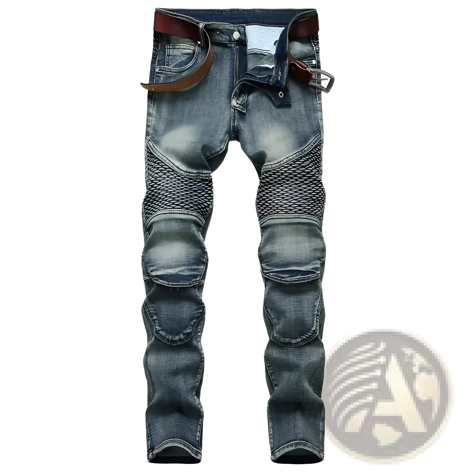 Men’s protective motorcycle denim jeans in blue with black mesh and reinforced knee patches paired with brown leather belt