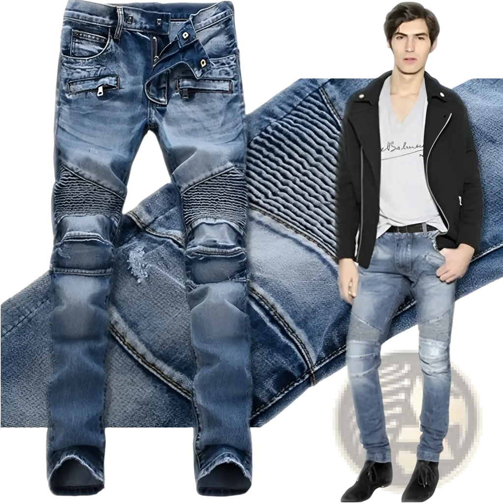Men’s protective motorcycle denim jeans in blue with distressed ripped patches and reinforced knee areas
