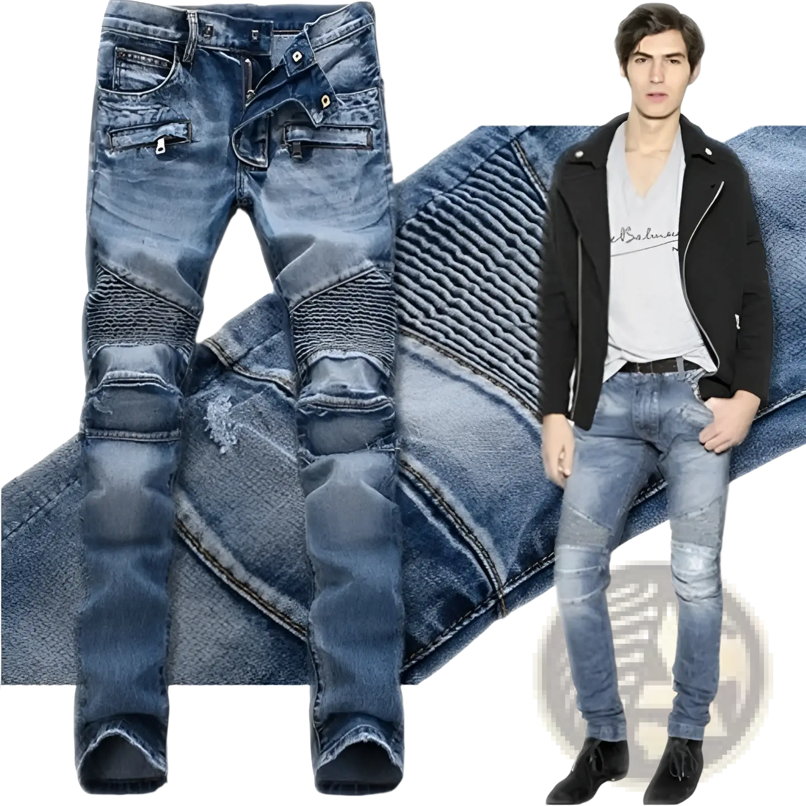 Men’s protective motorcycle denim jeans in blue with distressed ripped patches and reinforced knee areas