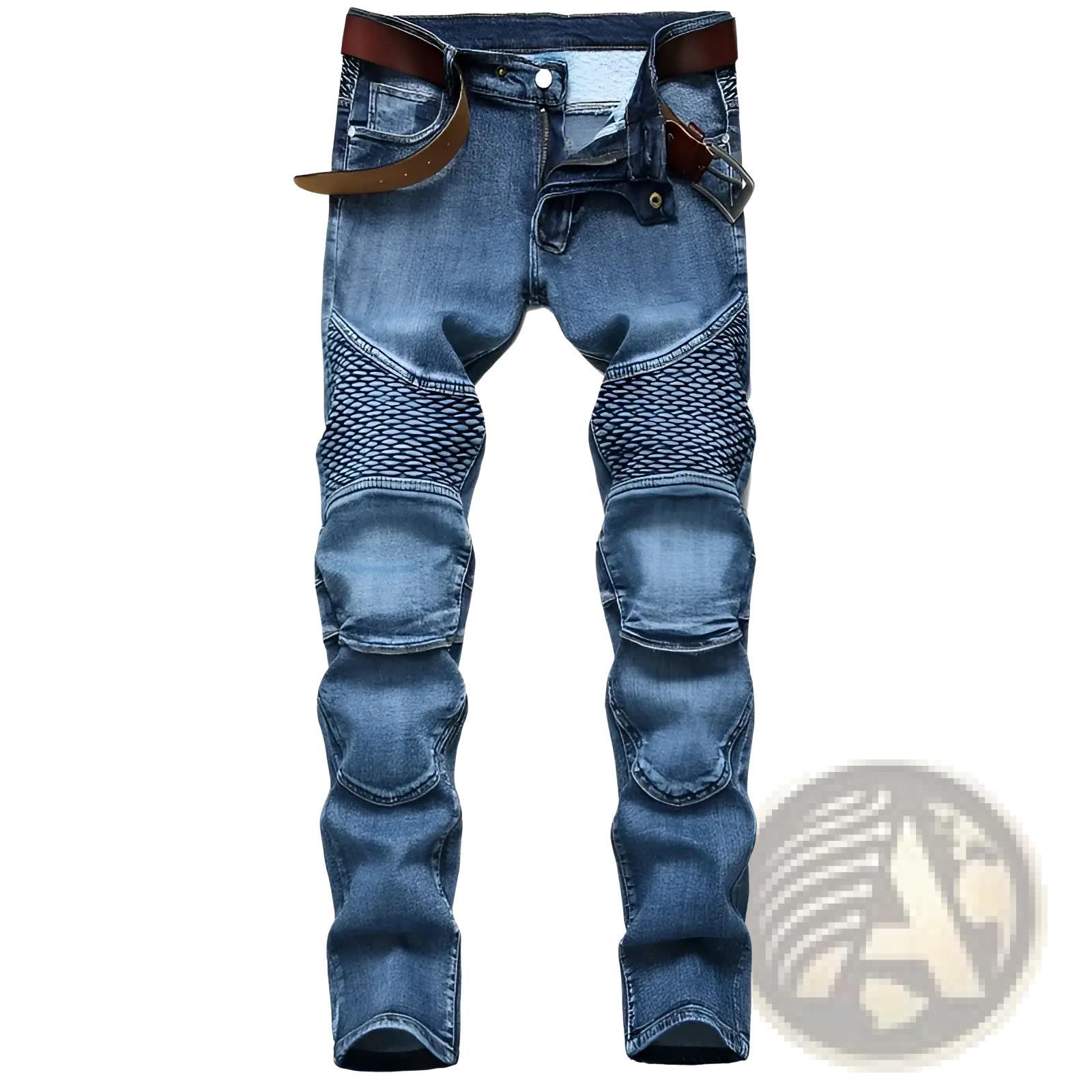 Men’s protective motorcycle denim jeans in blue with reinforced textured knee patches and a brown leather belt