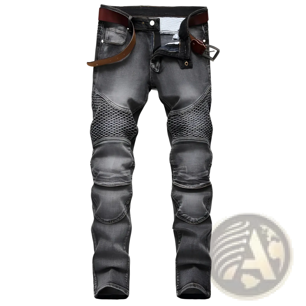 Men’s dark gray denim motorcycle jeans with reinforced mesh panels on thighs and knees for protection