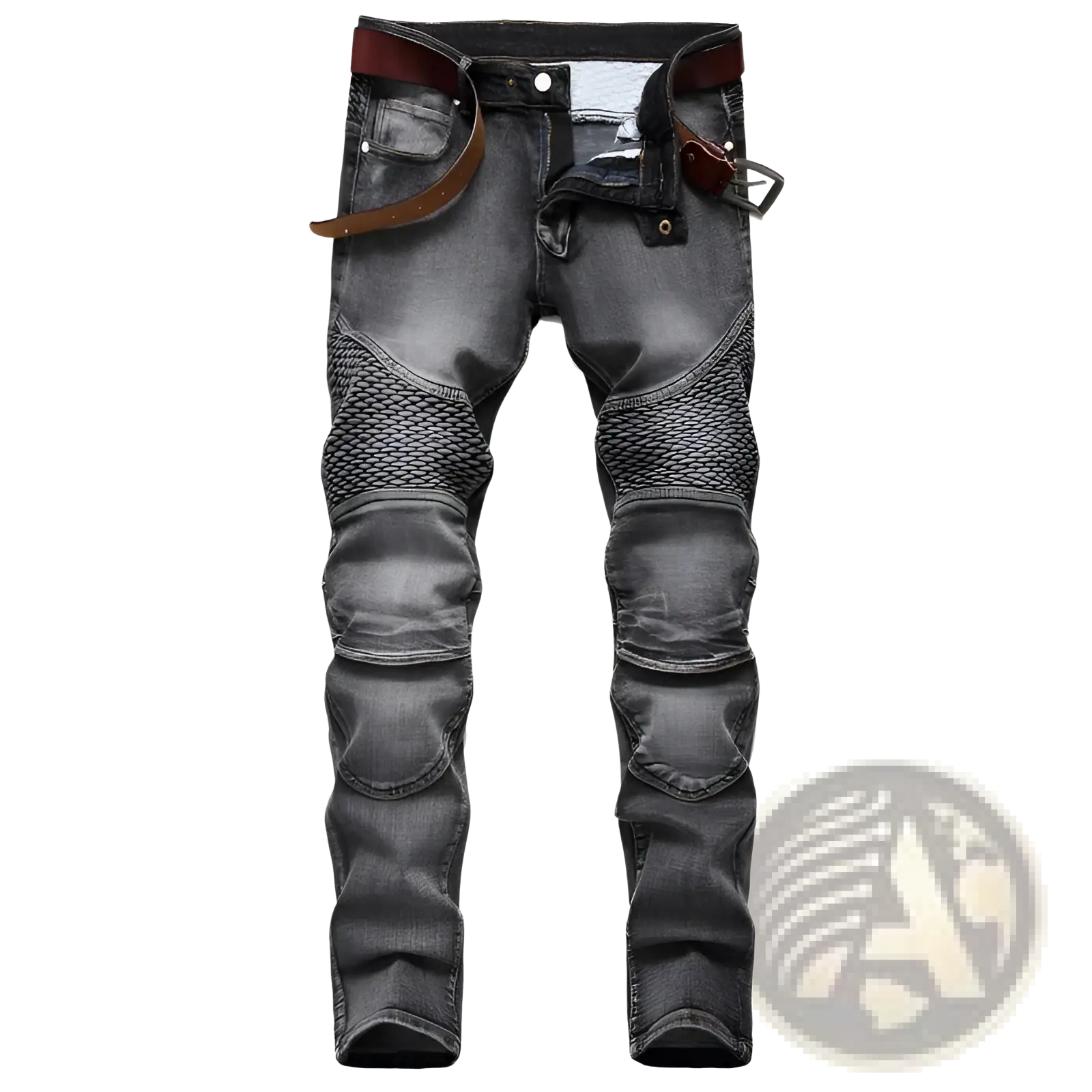 Men’s dark gray denim motorcycle jeans with reinforced mesh panels on thighs and knees for protection