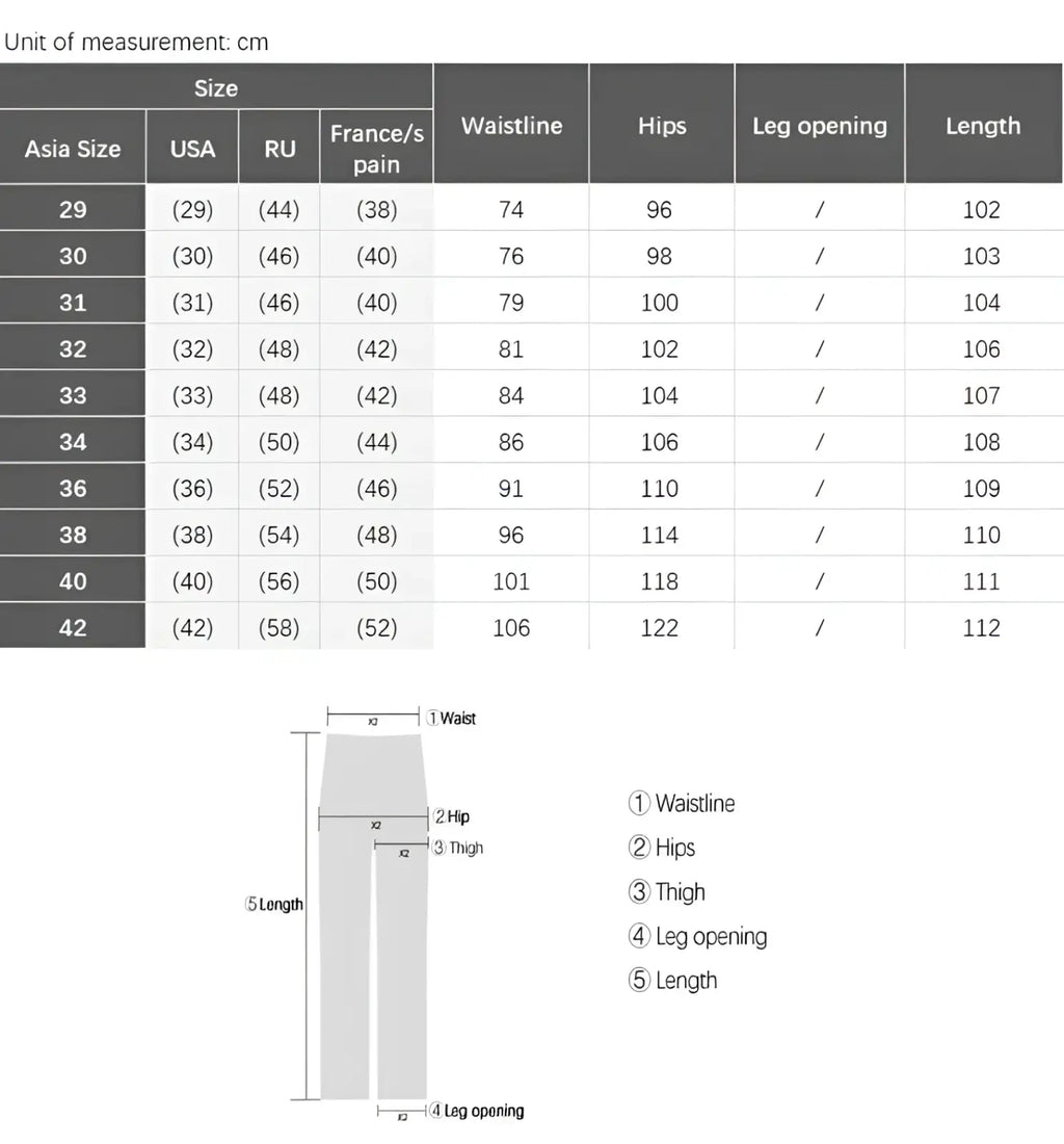 Size chart for men’s protective motorcycle denim jeans showing straight-leg fit measurements in centimeters across sizes