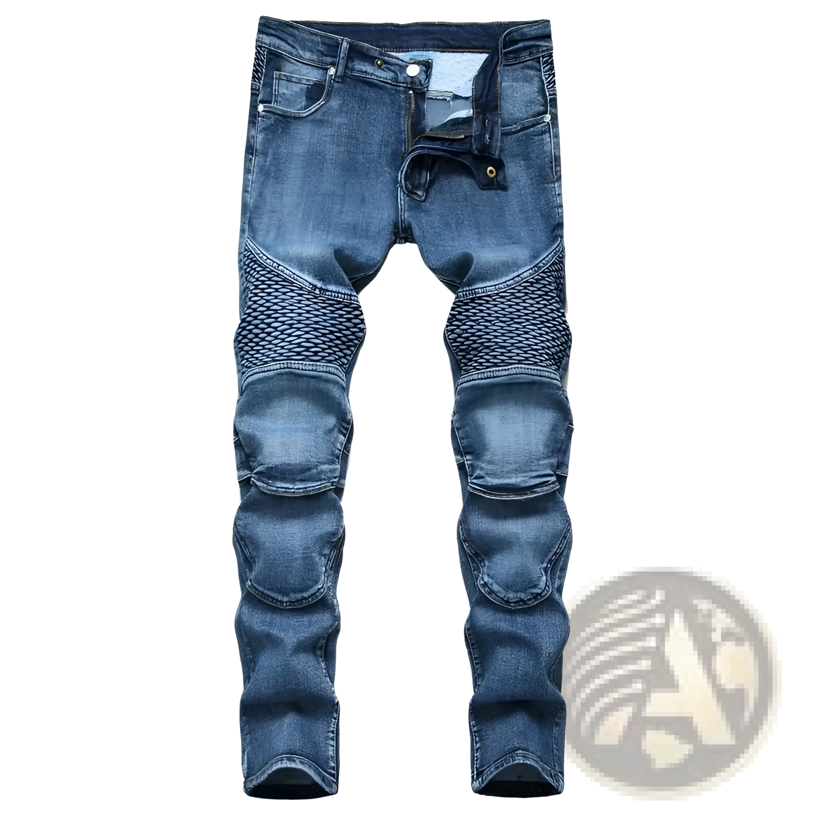 Men’s protective motorcycle denim jeans in blue with reinforced textured mesh panels on thighs and knees