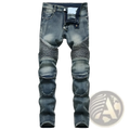 Dark blue men’s protective motorcycle denim jeans with reinforced textured knee patches featuring a mesh pattern