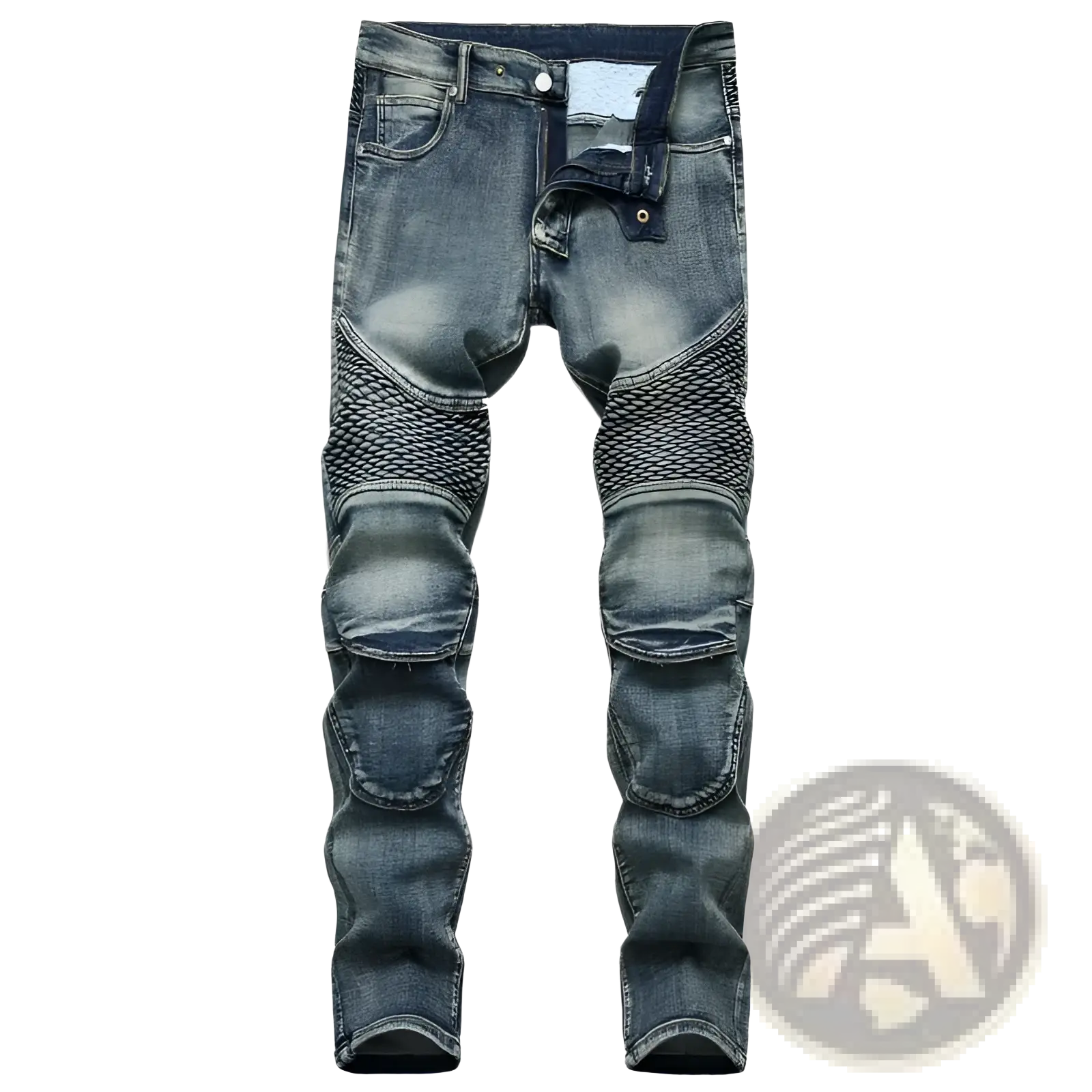 Dark blue men’s protective motorcycle denim jeans with reinforced textured knee patches featuring a mesh pattern