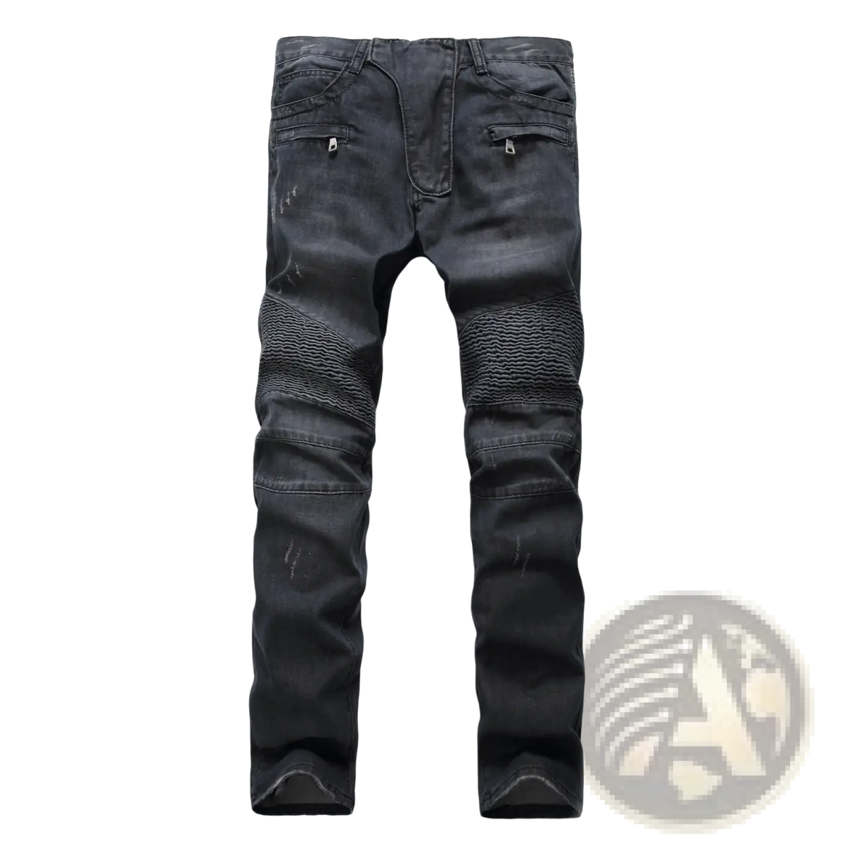 Men’s protective motorcycle denim jeans in black featuring textured reinforced patches on thighs and knees