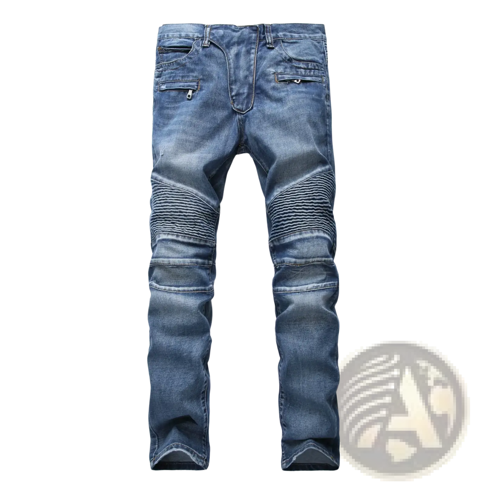 Men’s protective motorcycle denim jeans in blue with ribbed reinforced knee panels and zippered back pockets shown from back
