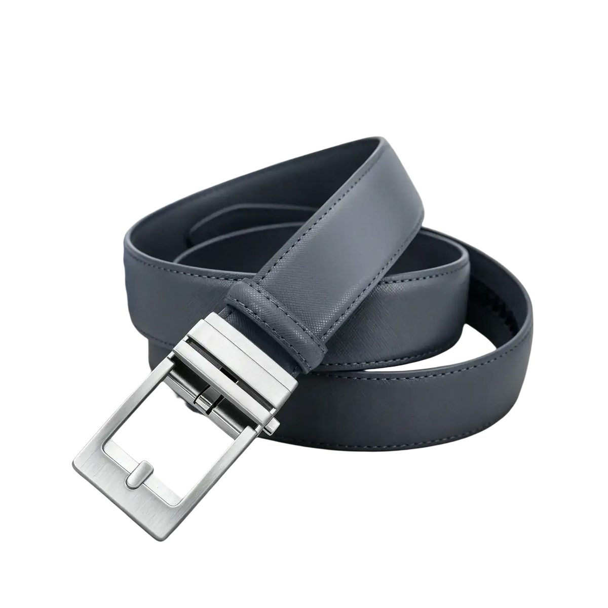 Dark gray mens pu leather belt with geometric pattern and sleek silver-toned buckle for casual business use
