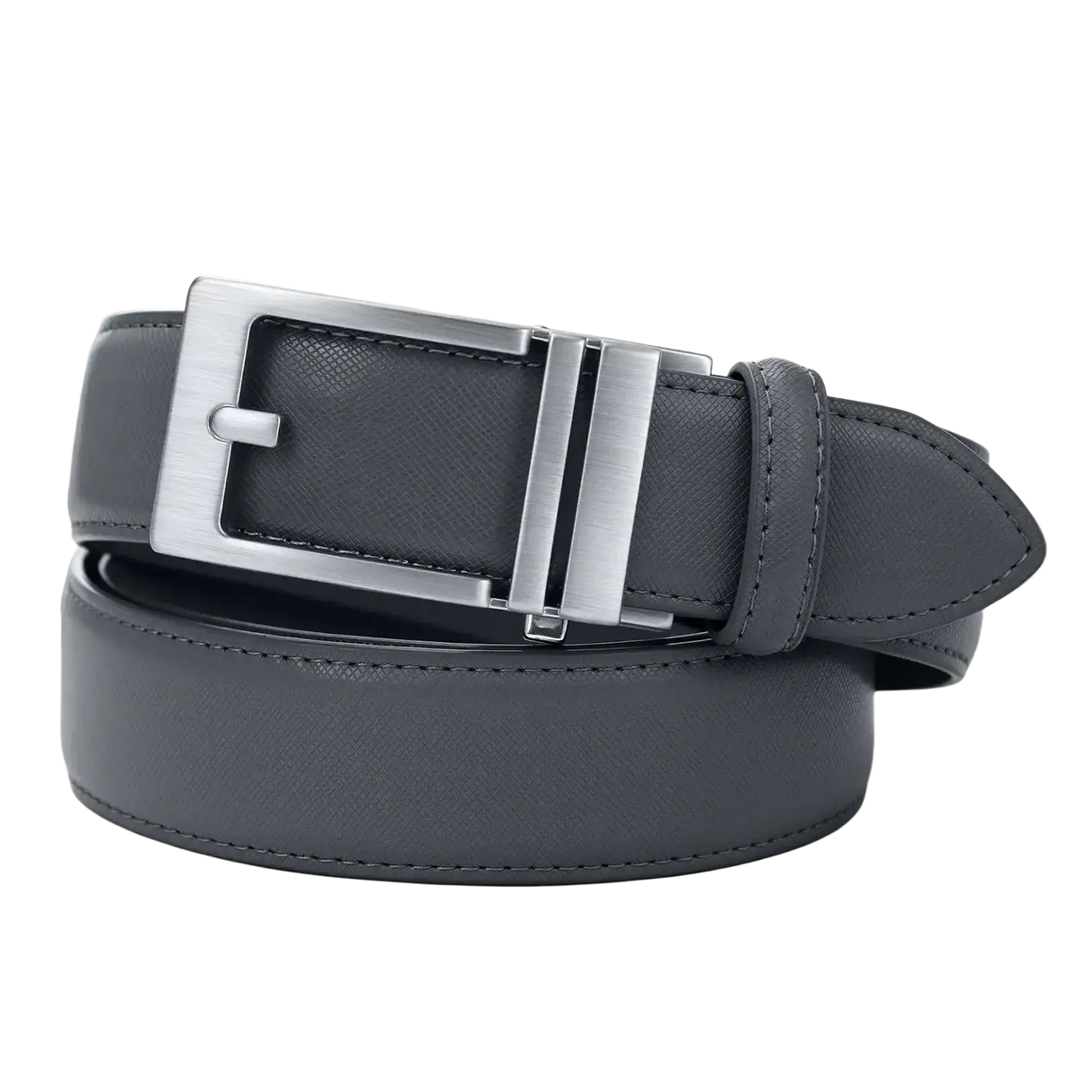 Dark gray mens pu leather belt with geometric pattern, sleek silver-toned buckle, and precise stitching for casual business use