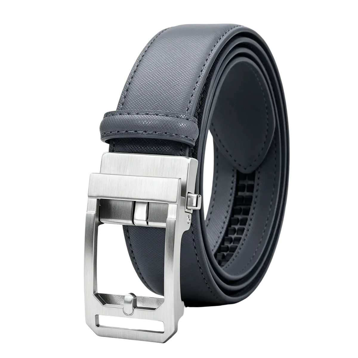 Gray mens pu leather belt with geometric pattern and sleek silver-toned automatic buckle for casual business use