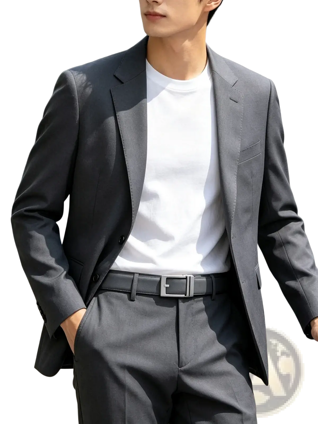 Gray men’s PU leather belt with geometric pattern and sleek silver buckle for casual and business wear