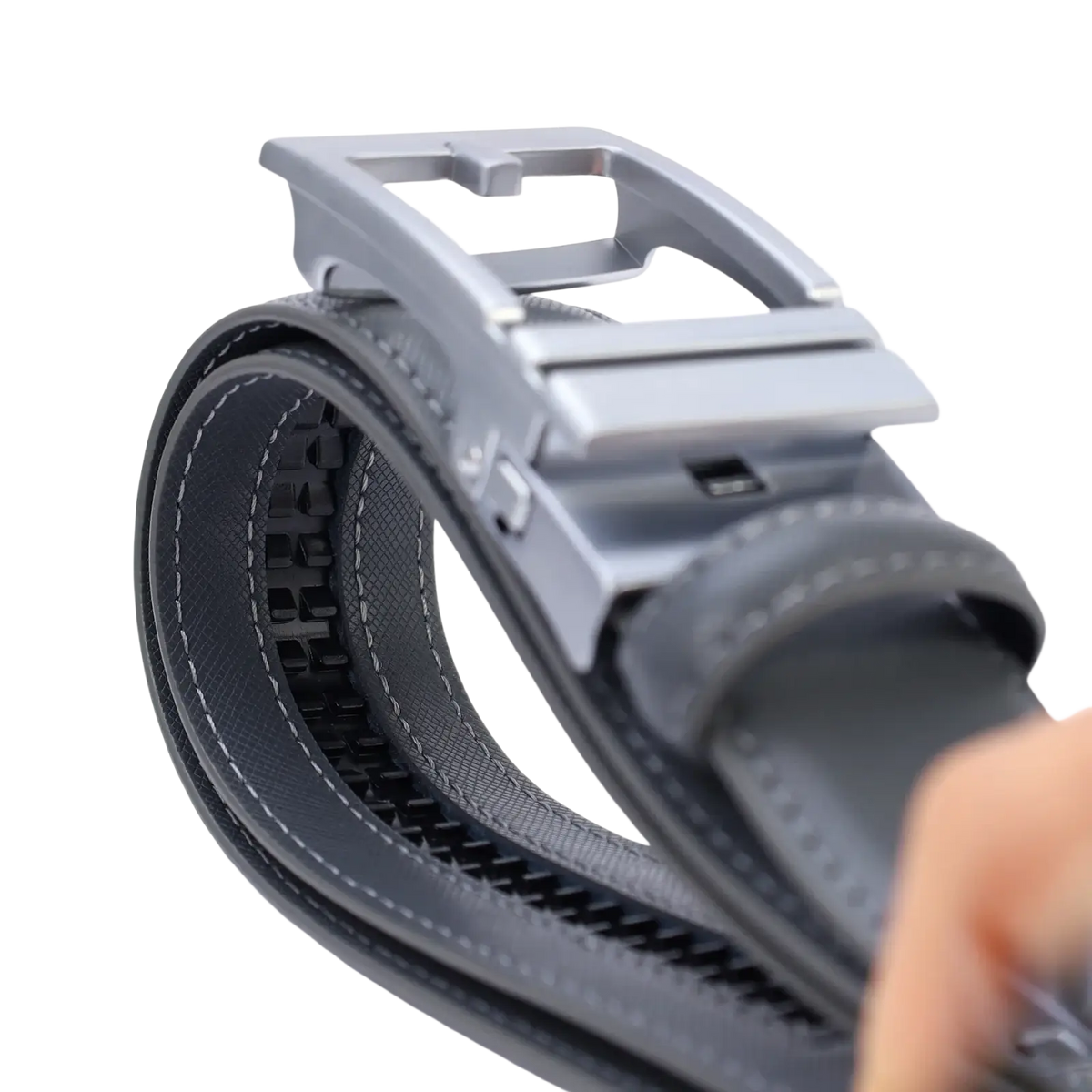 Black leather mens pu leather belt with geometric pattern and sleek silver-toned automatic buckle for casual business