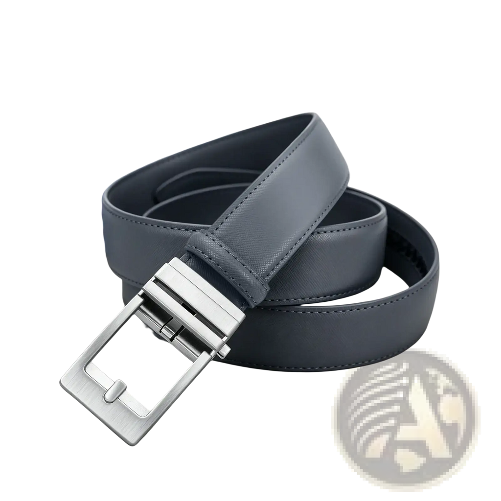 Mens pu leather belt in dark gray with geometric pattern and a sleek silver toned automatic buckle for casual business use