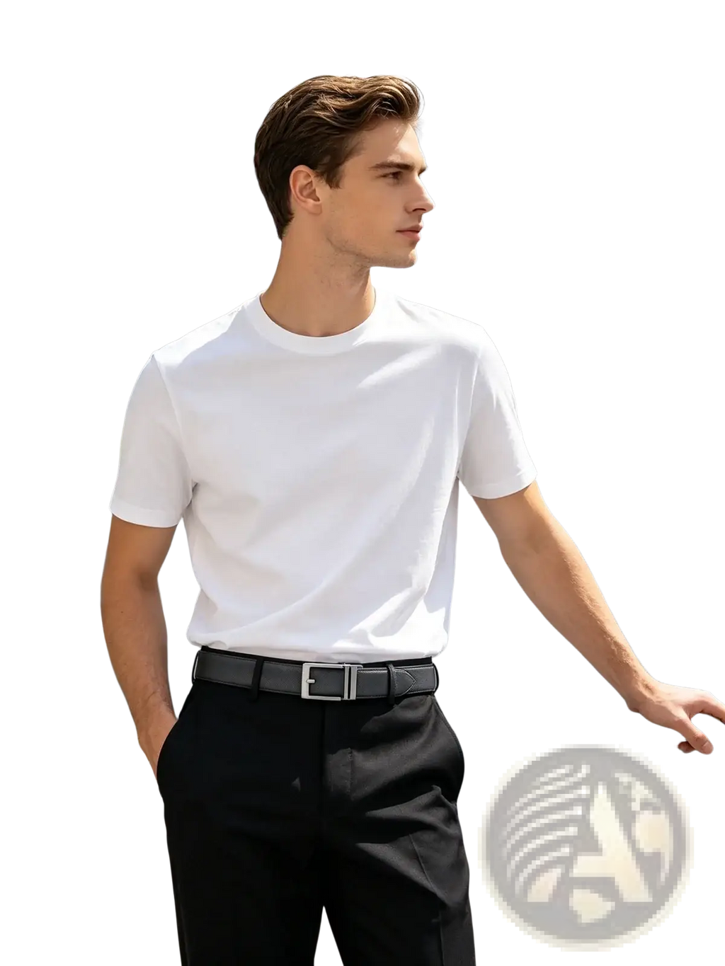 White short-sleeved crew neck t-shirt paired with mens pu leather belt featuring geometric pattern for casual business use