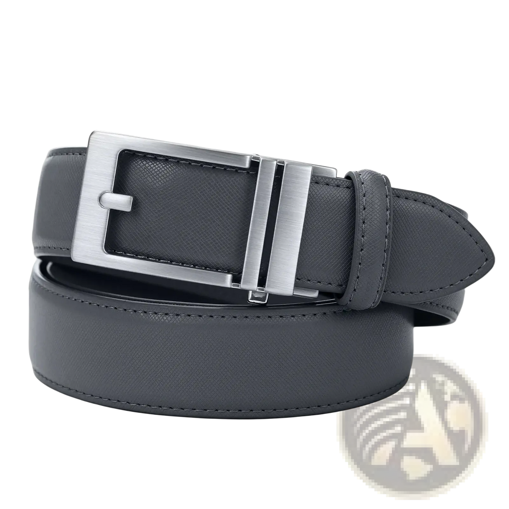Mens pu leather belt in gray with geometric pattern and sleek silver-toned buckle for casual business use