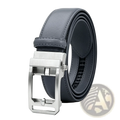 Gray mens pu leather belt with geometric pattern and sleek silver-toned automatic buckle for casual business use