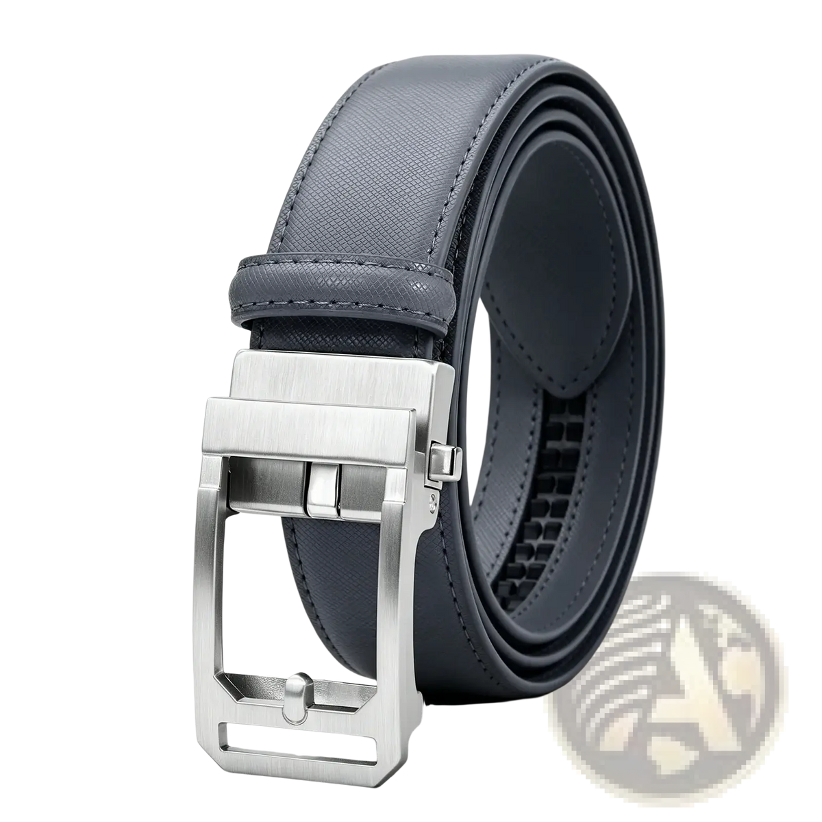 Gray mens pu leather belt with geometric pattern and sleek silver-toned automatic buckle for casual business use