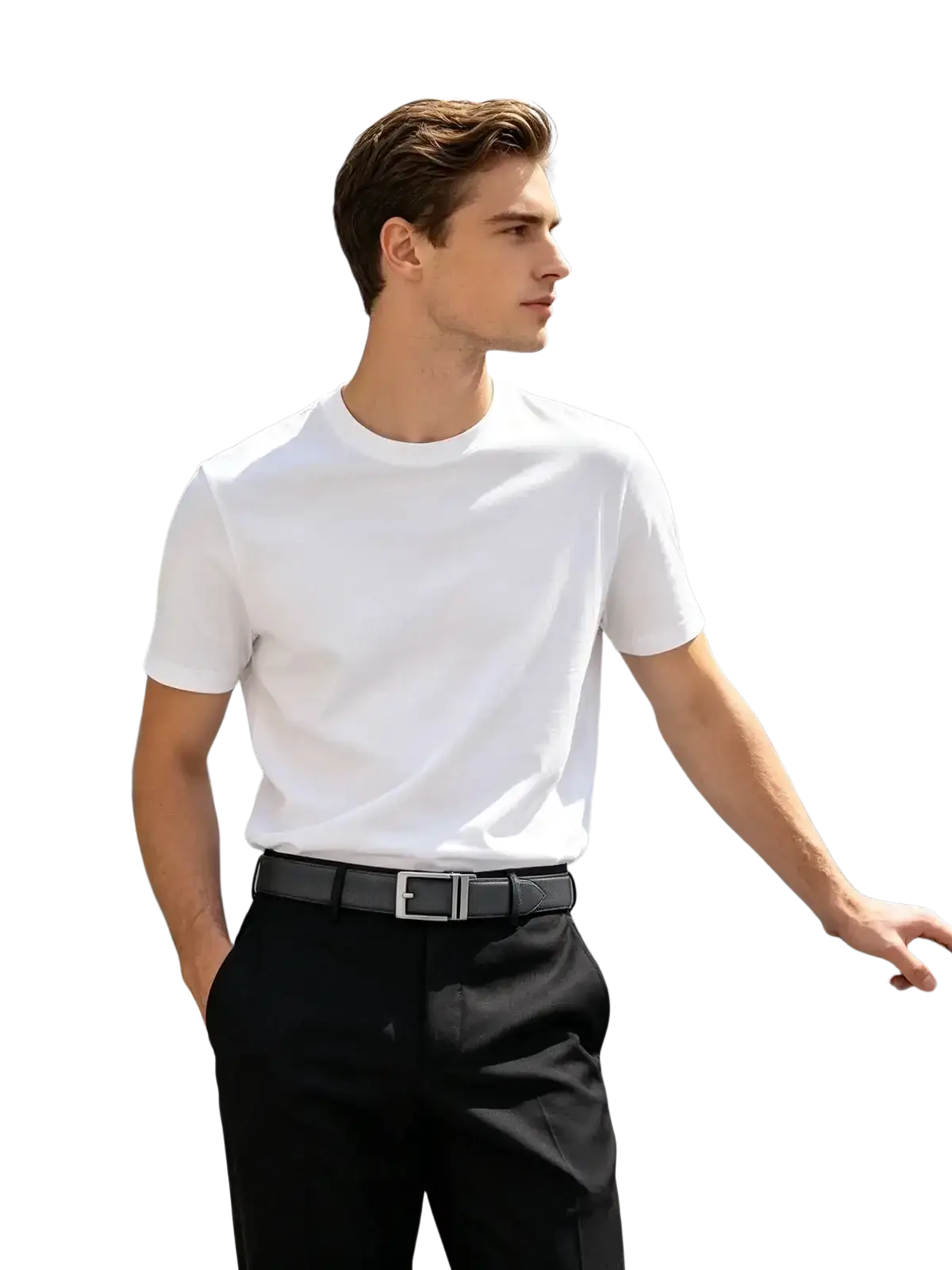 White short-sleeved crew neck t-shirt paired with mens pu leather belt featuring geometric pattern for casual business wear