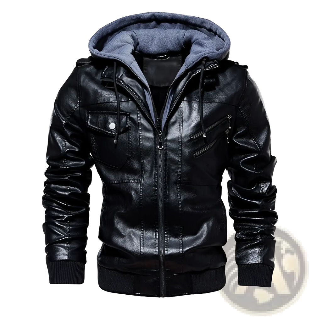 Men’s black pu leather hooded jacket with blue fleece lining and ribbed cuffs for casual wear