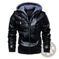 Men’s black pu leather hooded jacket with blue fleece lining and ribbed cuffs for casual wear