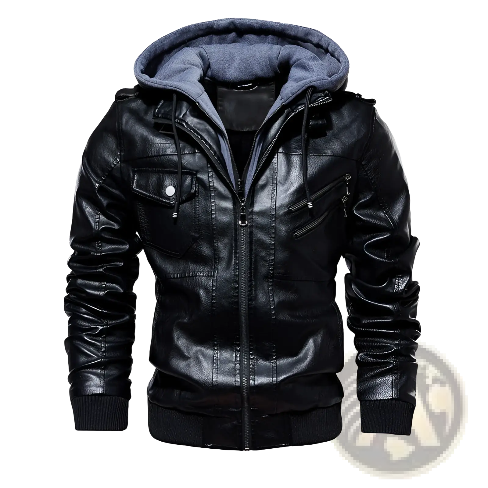 Men’s black pu leather hooded jacket with blue fleece lining and ribbed cuffs for casual wear