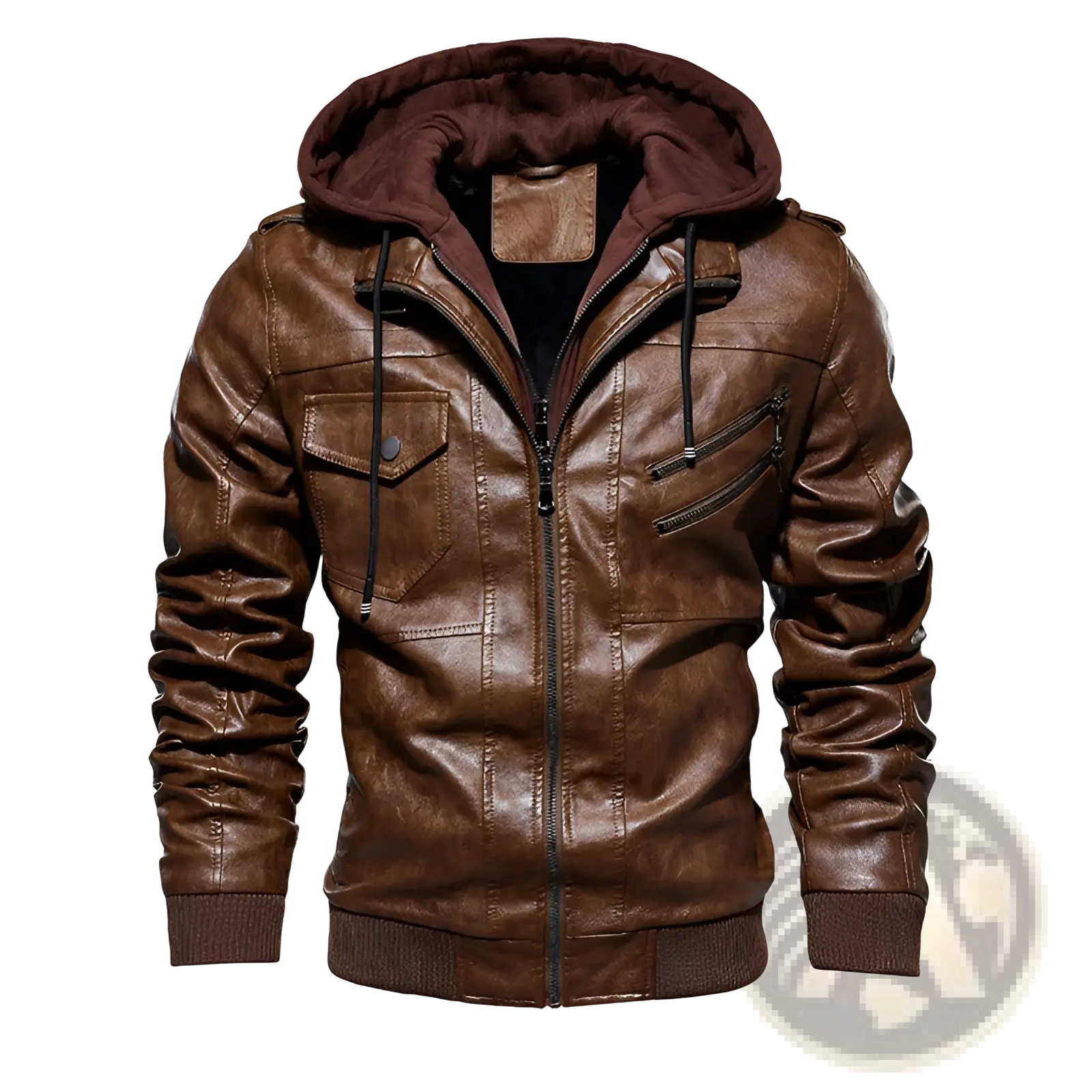 Men’s brown pu leather hooded jacket with plush inner lining and ribbed cuffs for added comfort and style