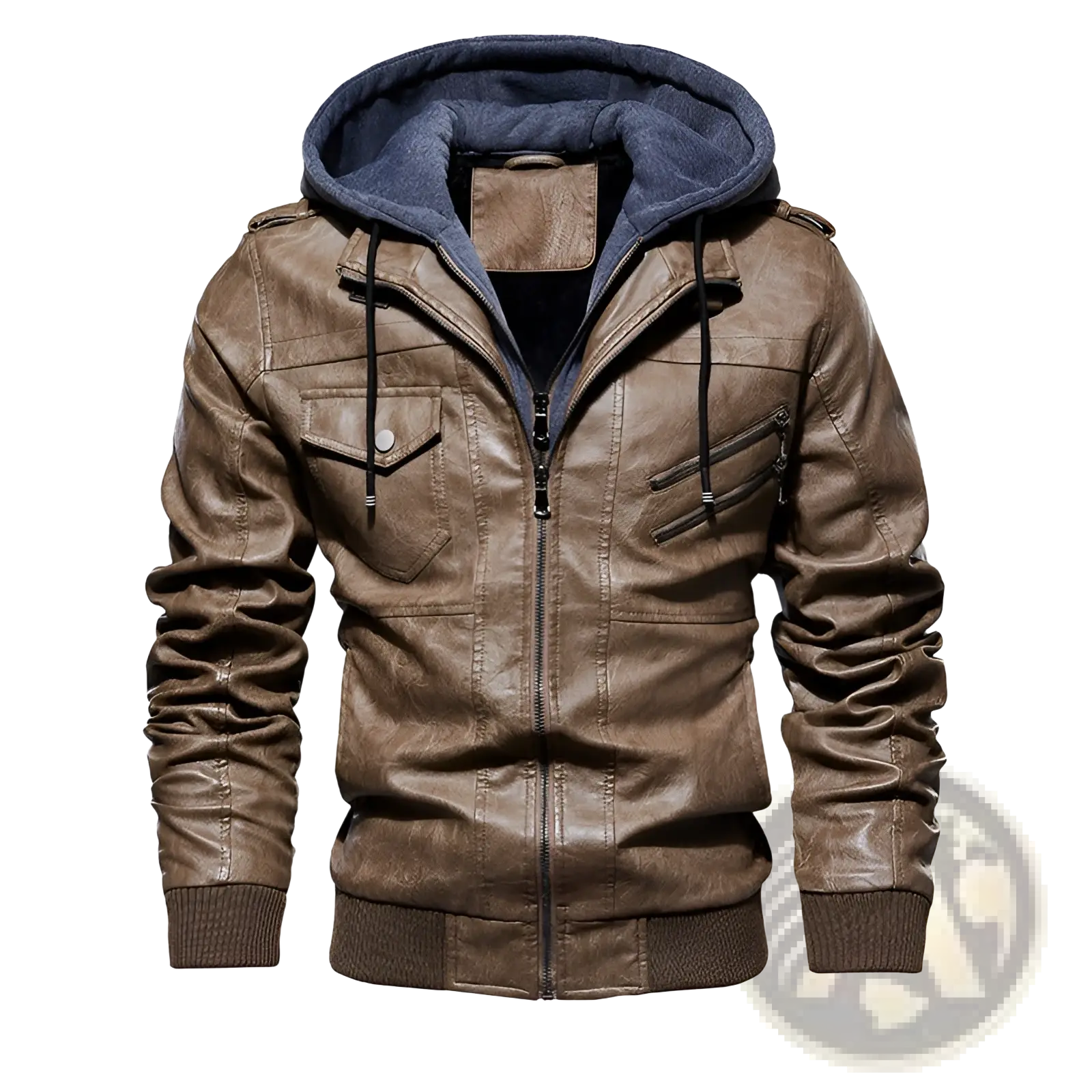Men’s brown pu leather hooded jacket with dark blue fleece lining and ribbed cuffs for casual wear