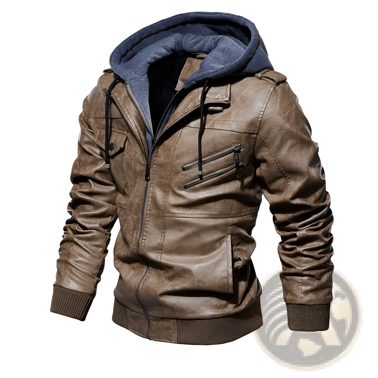 Men’s brown pu leather hooded jacket with blue fleece lining and ribbed cuffs for casual wear