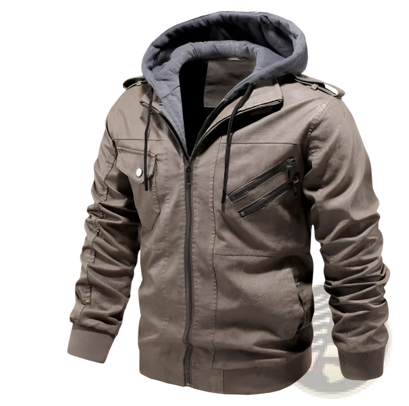 Men’s tan pu leather hooded jacket with gray-lined interior ribbed cuffs and black zipper accents
