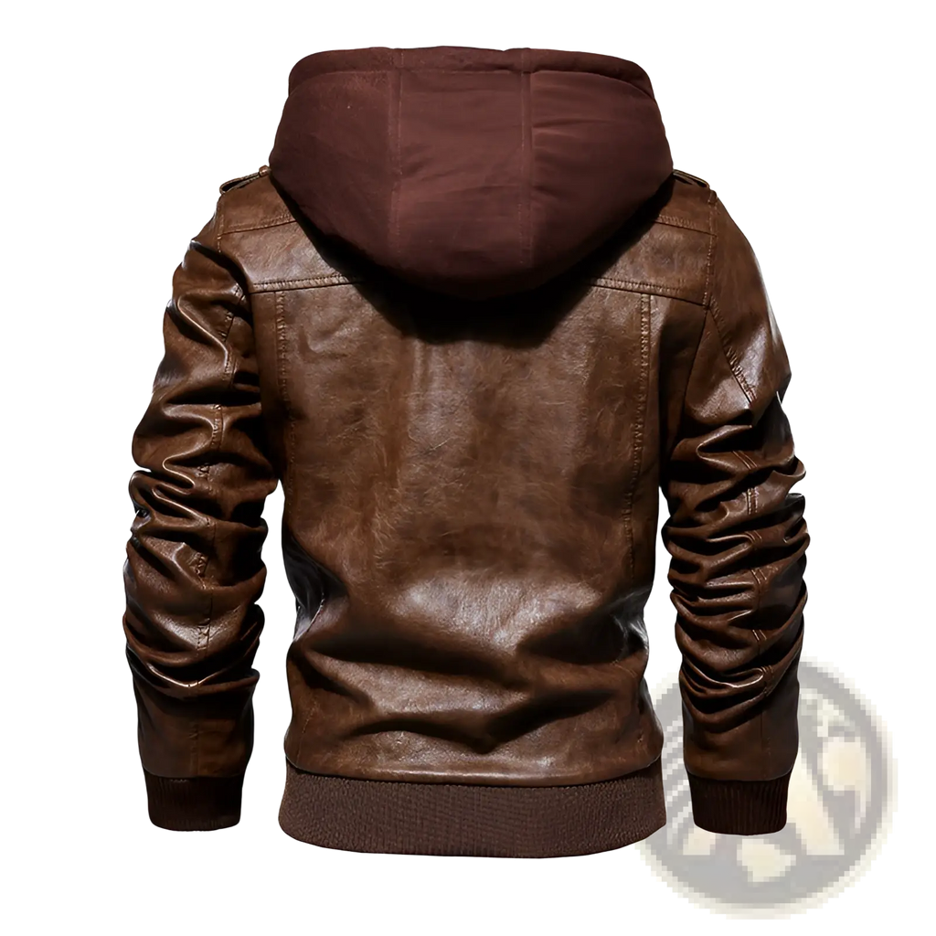 Men’s brown pu leather hooded jacket with ribbed cuffs and slightly distressed finish visible from the back side