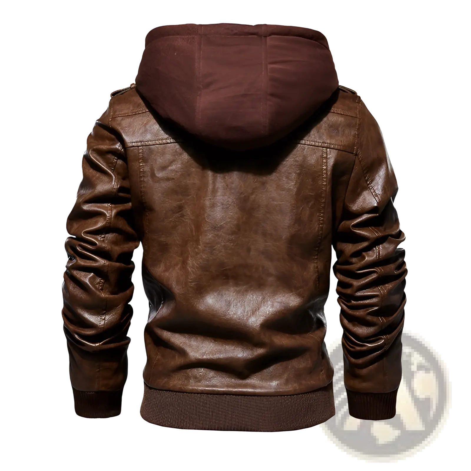 Men’s brown pu leather hooded jacket with ribbed cuffs and slightly distressed finish visible from the back side