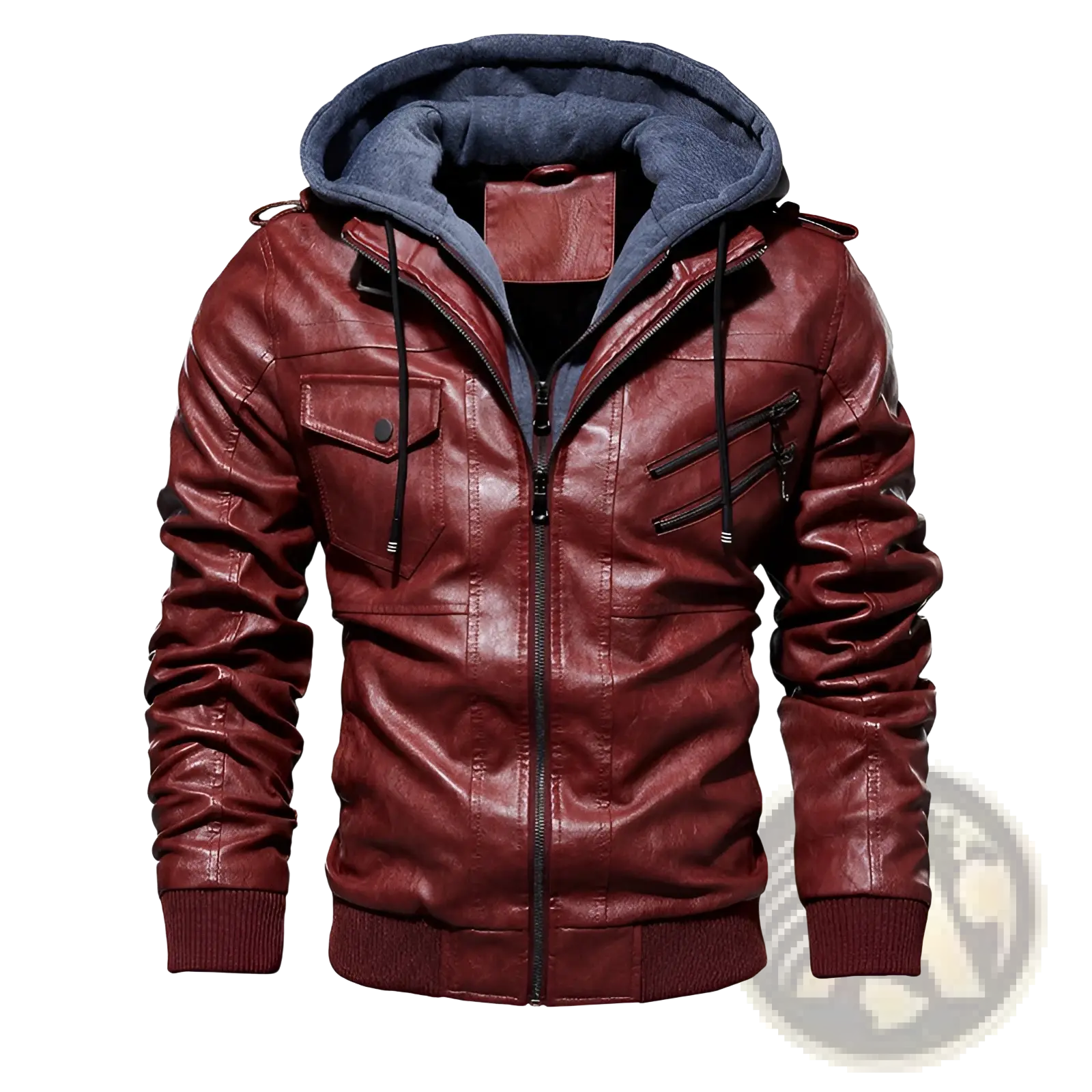Men’s pu leather hooded jacket in rich burgundy with navy blue fleece lining and ribbed cuffs for added comfort