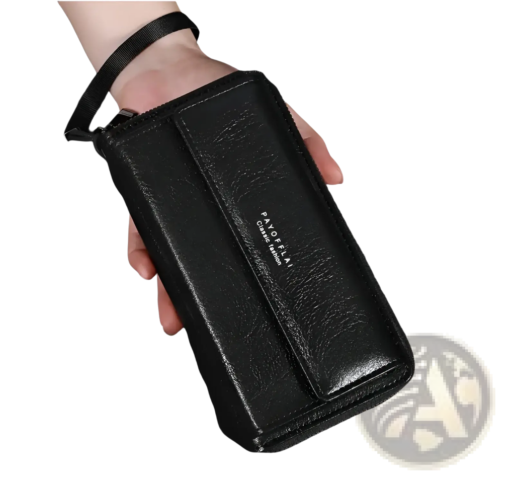 Black pu leather men’s long wallet with wrist strap and embossed branding shown from the back side