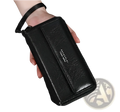 Black pu leather men’s long wallet with wrist strap and embossed branding shown from the back side