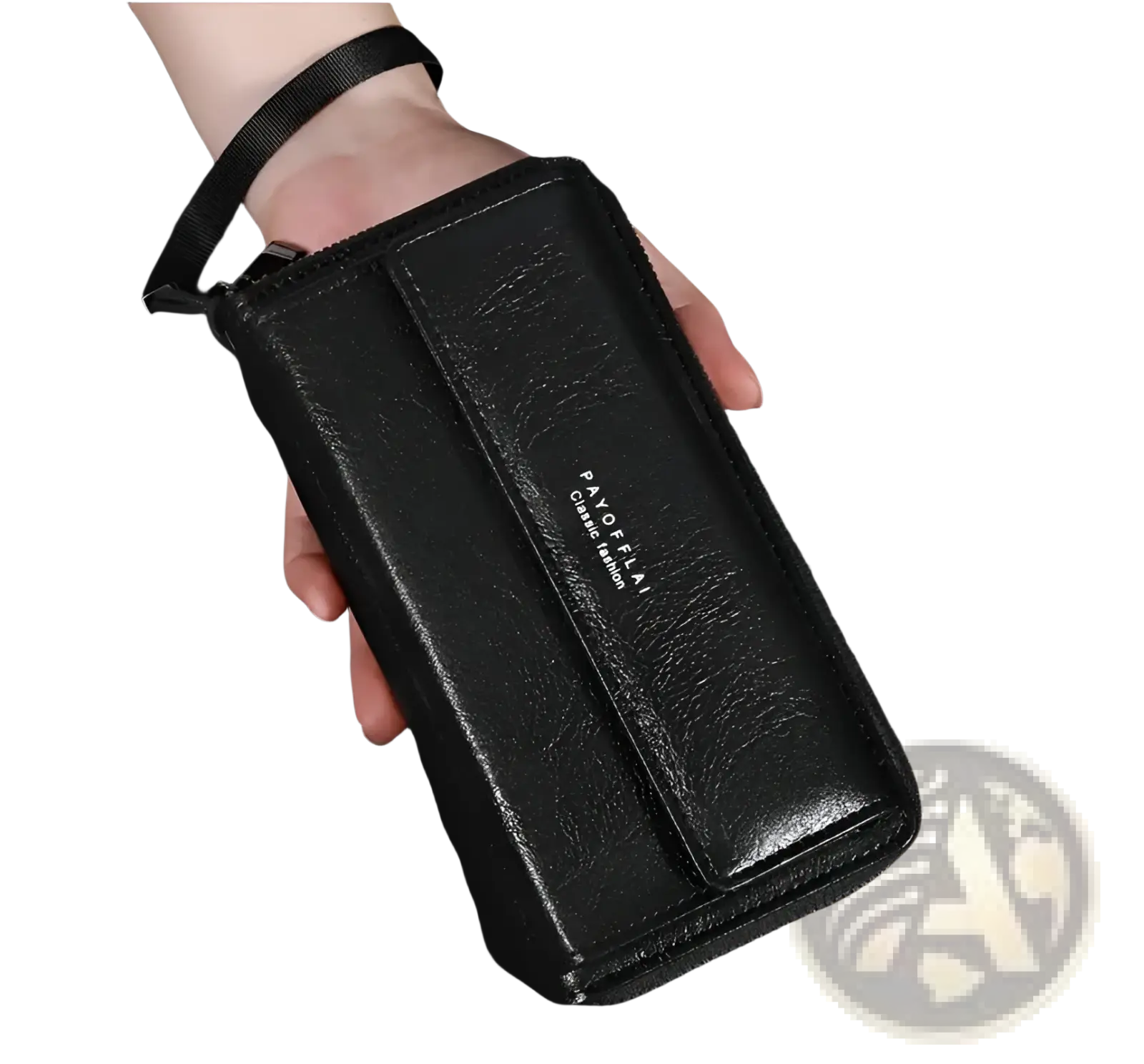 Black pu leather men’s long wallet with wrist strap and embossed branding shown from the back side