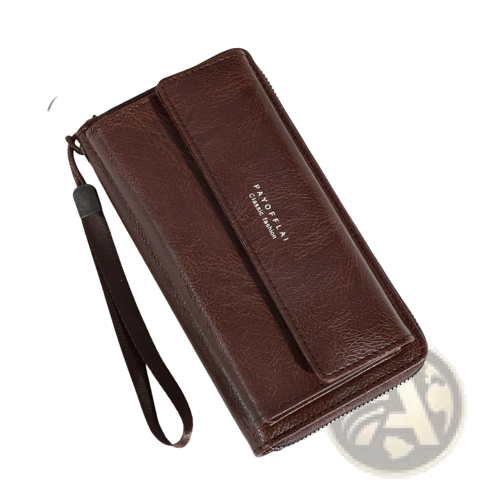Brown pu leather men’s long wallet with wrist strap and zipper closure for secure carrying and organization